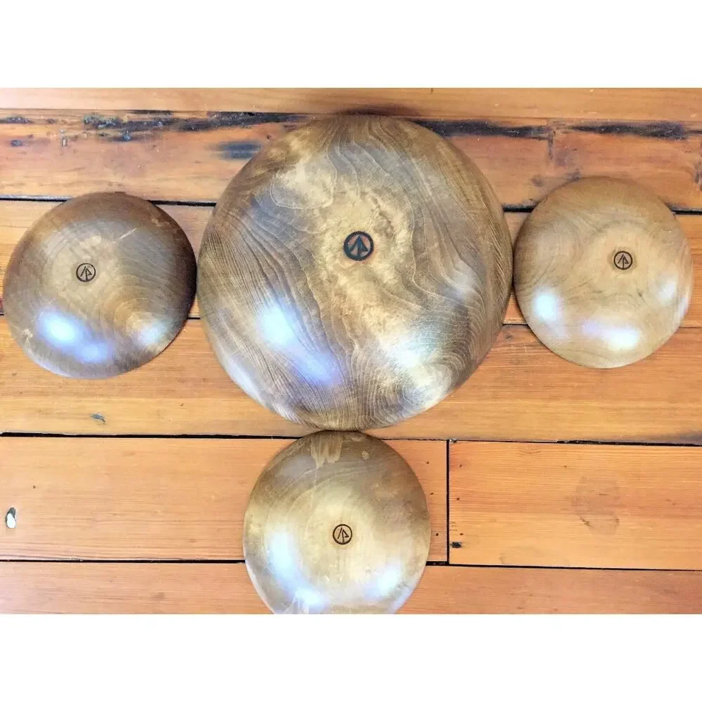 Set 4 Vtg Mid Century Hardwood International Paper Stamped Wooden Salad Bowl Set